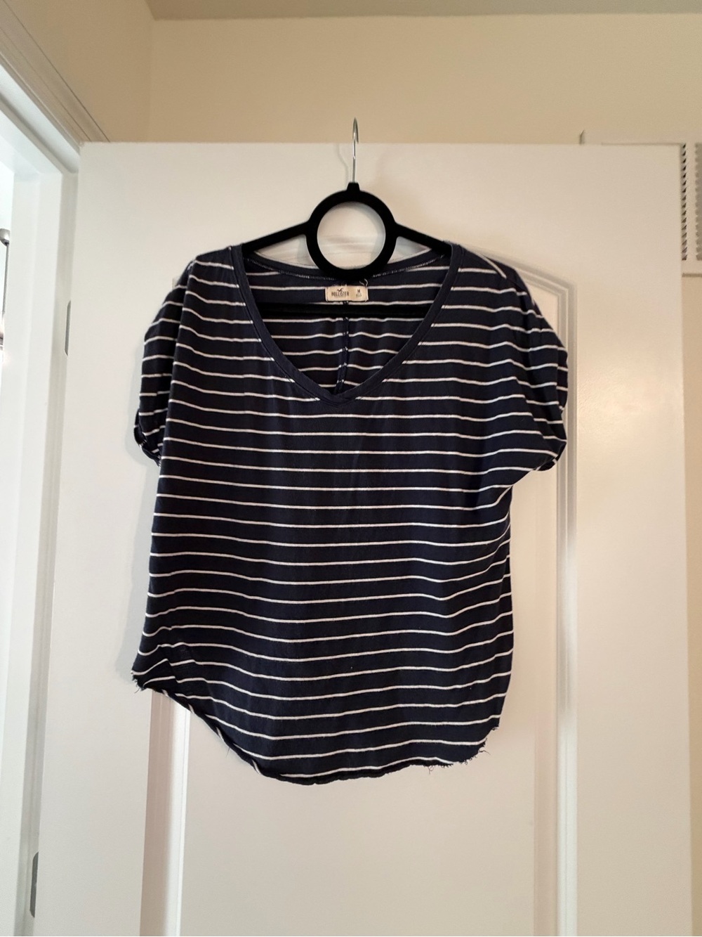 Hollister Navy and White Striped V-Neck Tee